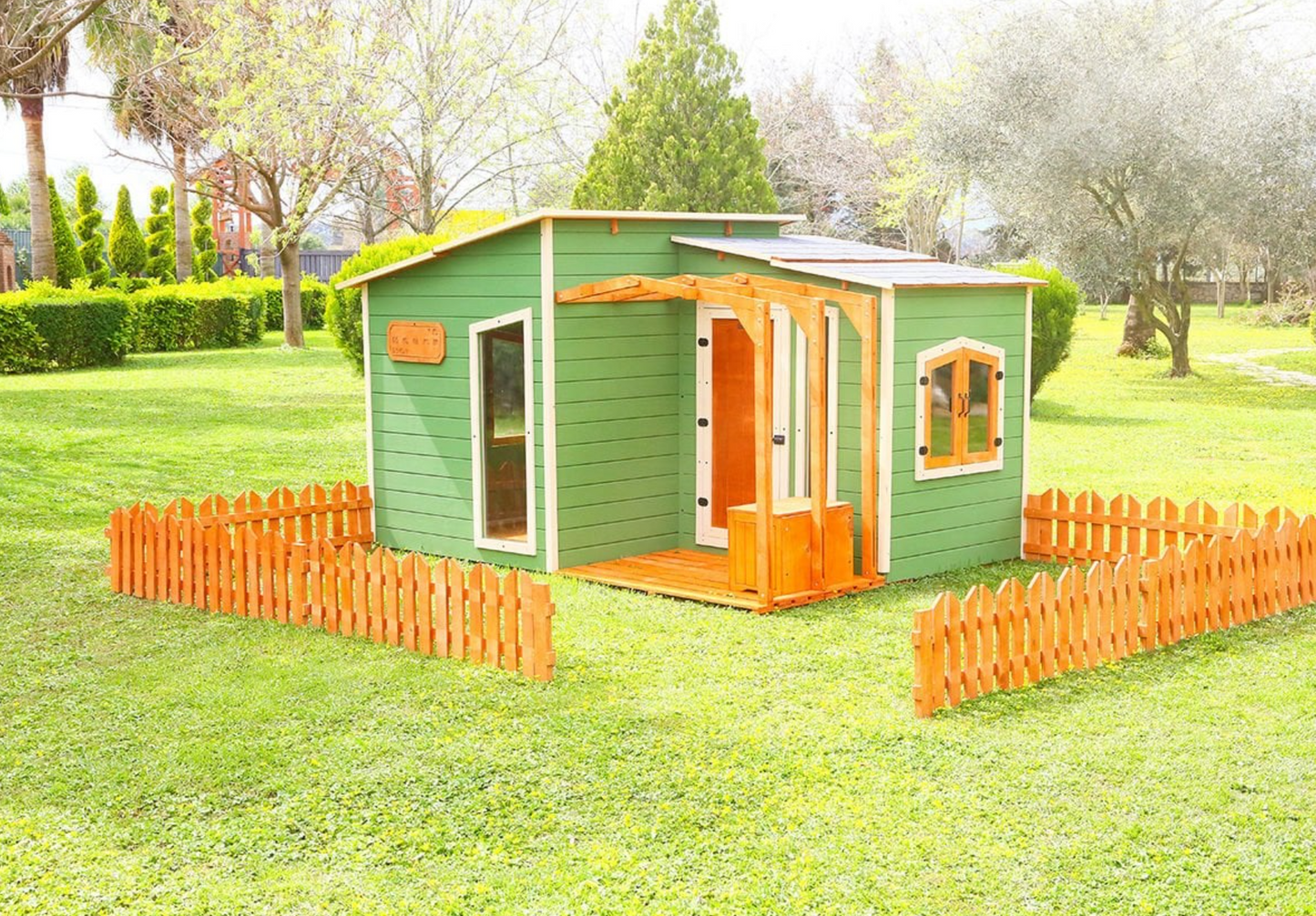 Modern Wooden Playhouse with Garden Fence  | Budget Friendly