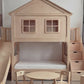 Wooden Dollhouse Bunk Bed with Slide & Wardrobe | Multi-Pane Windows, Picket-Fence Loft Rails, Storage Stairs | Kids Cottage Set