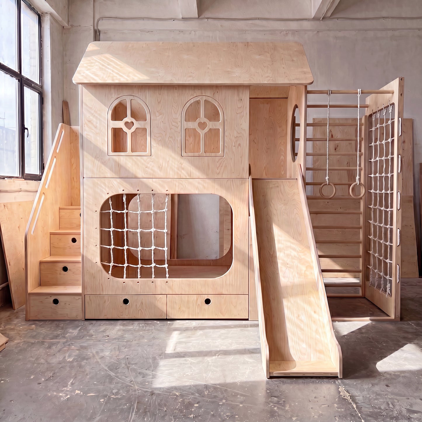 Wooden Playhouse Loft Bed with Slide, Gym Rings & Climbing Net | Storage Stairs, Under-Bed Drawers | Kids Active Loft Bed Set