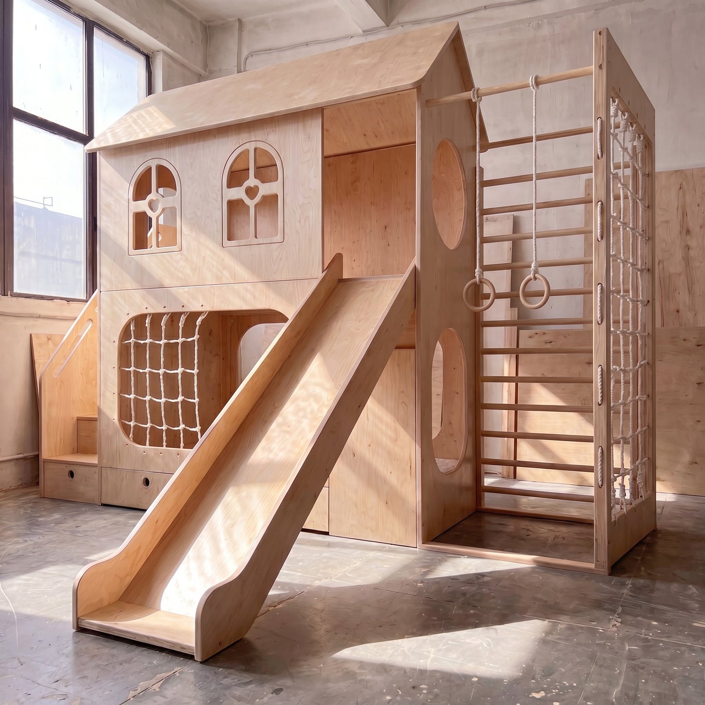 Wooden Playhouse Loft Bed with Slide, Gym Rings & Climbing Net | Storage Stairs, Under-Bed Drawers | Kids Active Loft Bed Set