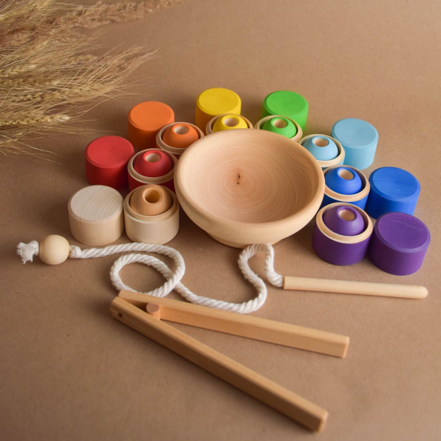 Küçük Çocuklar için Renk Ayırma Montessori Gökkuşağı Oyuncak Silindirleri ve Topları