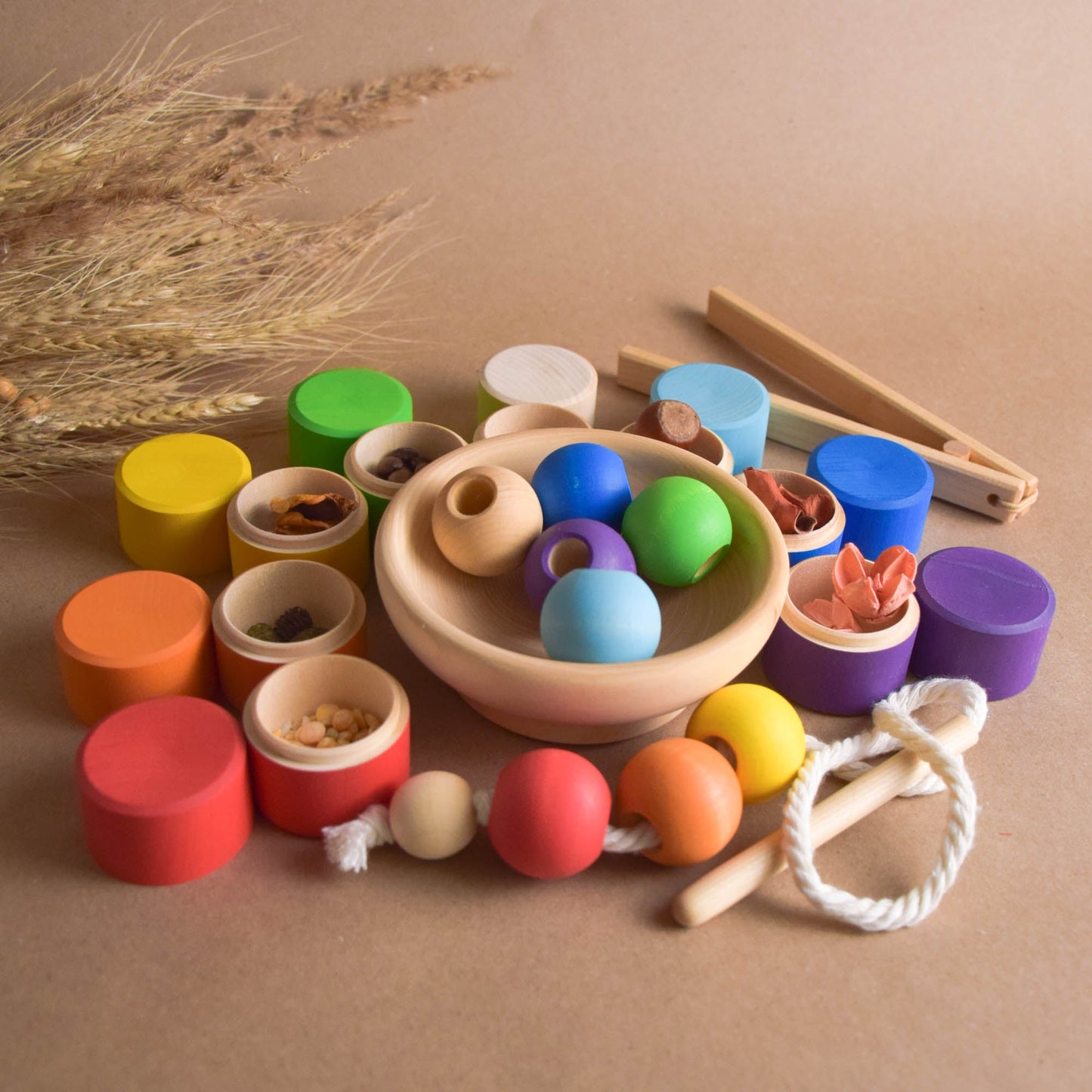 Küçük Çocuklar için Renk Ayırma Montessori Gökkuşağı Oyuncak Silindirleri ve Topları