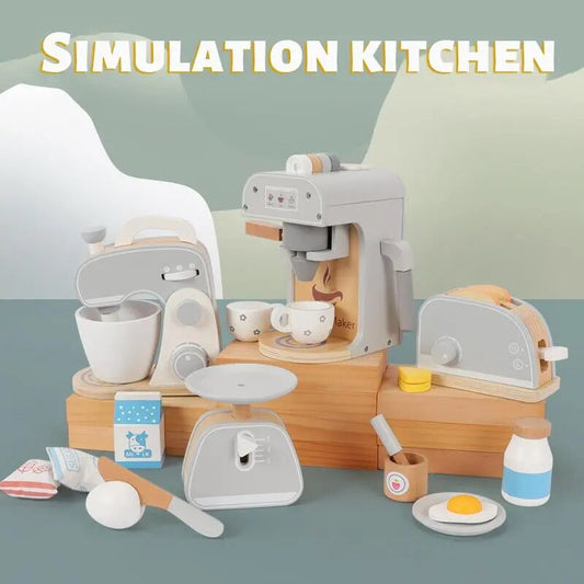 Montessori Wooden Kitchen Pretend Toy Wooden Simulation Toy Coffee Machine Toaster Mixer Baby Food Early Educational Toys  For Wooden Play Kitchen