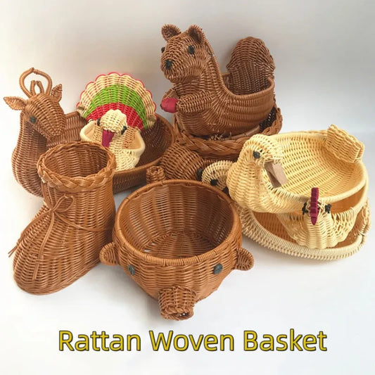 Rattan Woven Fruit Basket Cute Shape Fruit Bowls Tray Vegetable Snack Basket Novelty Animal Shaped Home Decor Organizer Handmade
