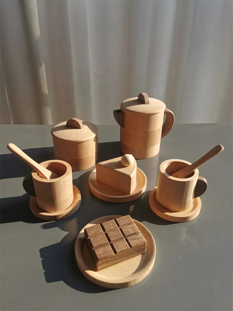 Kids Montessori Toys Wooden Toast Baguette Coffee Machine Tea Pot Cakes Cups Wood Sensory Hand Sanitizer Bottle Pretend Play