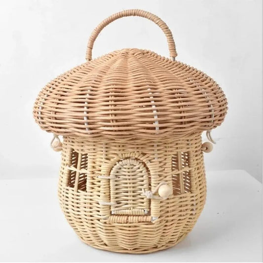 Cute Rattan Mushroom Basket Hand Woven Wicker Storage Baskets Beach Straw Organizer Box for Kids Summer Vacation Picnic Basket