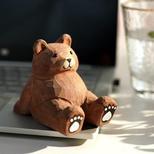 Cute Lazy Wood Carving Bear Desktop Ornaments Handmade Ins Animal Creative Mobile Phone Pen Holder Home Decoration Crafts