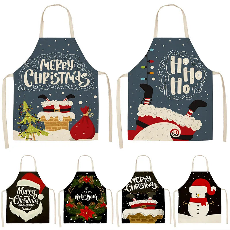 New Year Christmas Ornament Santa Claus Christmas Apron Cotton Linen Women's Kitchen Apron Baking Accessories Home Decor  For Wooden Play Kitchen