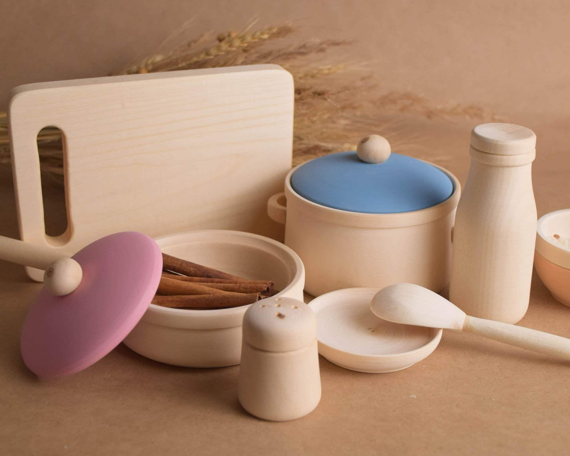 Wooden pots and pans for store childrens kitchen